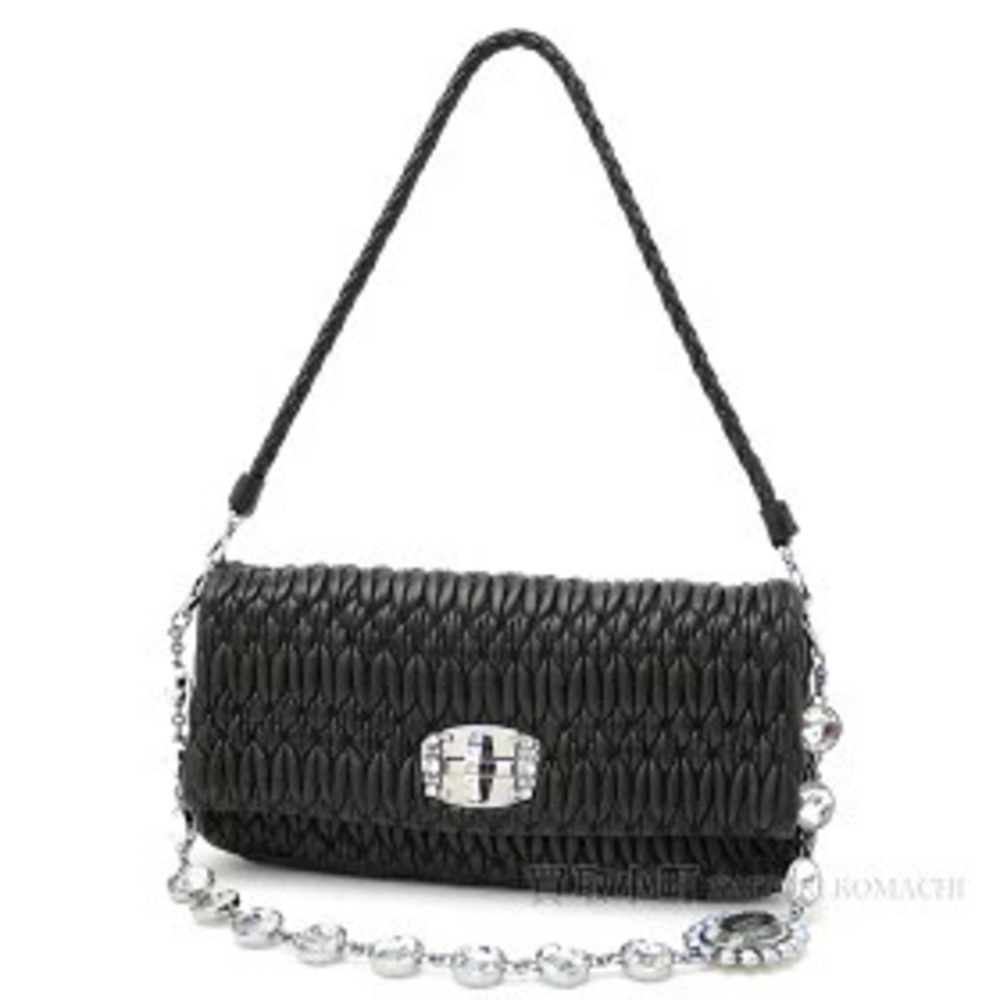 Miu Miu Nappa Crystal Shoulder Bag Black Lambskin Rhinestone Chain Strap